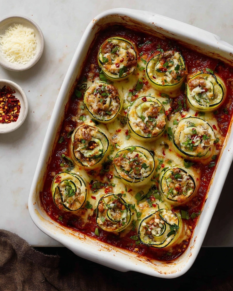 The image shows a white rectangular baking dish filled with about 15 spiral-shaped zucchini rolls, each layered with a light green outer zucchini skin and a creamy, slightly browned filling mixed with cheese and small bits of herbs on top. The zucchini rolls sit on a rich, red tomato sauce base, with some bubbling and roasted edges visible along the dish’s sides. Bits of chopped green herbs and red chili flakes are scattered over the zucchini spirals, adding texture and color contrast. Around the dish, there are small white dishes holding white grated cheese and red chili flakes, all set on a white marbled surface. Photo taken with an iphone --ar 4:5 --v 7