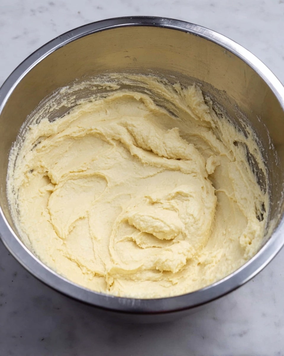 Inside a metal mixing bowl, there is one main creamy layer of pale yellow batter with a smooth and slightly grainy texture, spread out unevenly along the bowl’s inner surface. The batter clings lightly to the sides and has some soft peaks and ridges, indicating it has just been stirred. The bowl rests on a white marbled surface. photo taken with an iphone --ar 4:5 --v 7