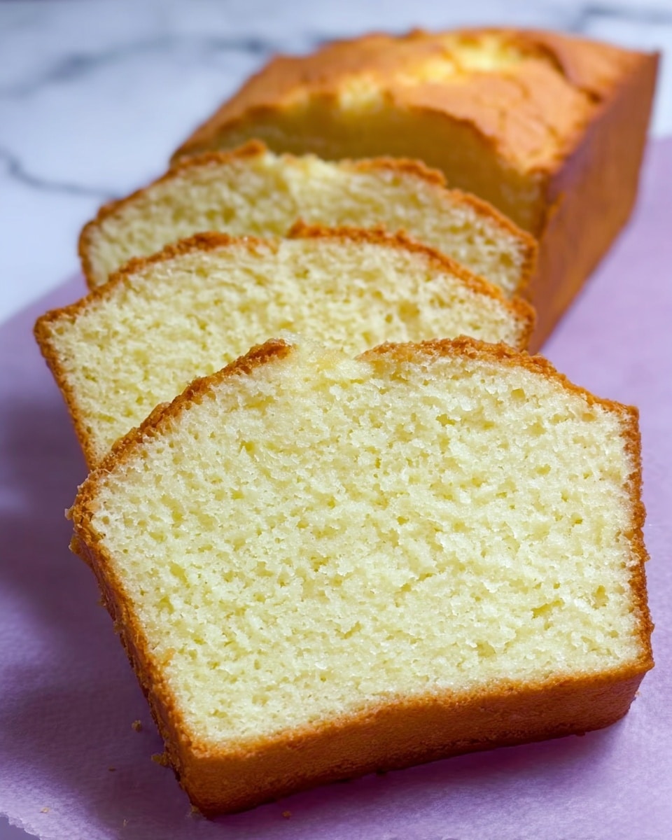The image shows several slices of light yellow bread with a soft, spongy texture and a golden brown crust on the edges, placed in a row on a sheet of pale purple paper. The crust looks slightly rough while the inside appears smooth and fluffy. The slices are thick and stacked with one slice leaning in front of the others, showing a clear contrast between the crust and the soft inside. The background is a white marbled texture. photo taken with an iphone --ar 4:5 --v 7