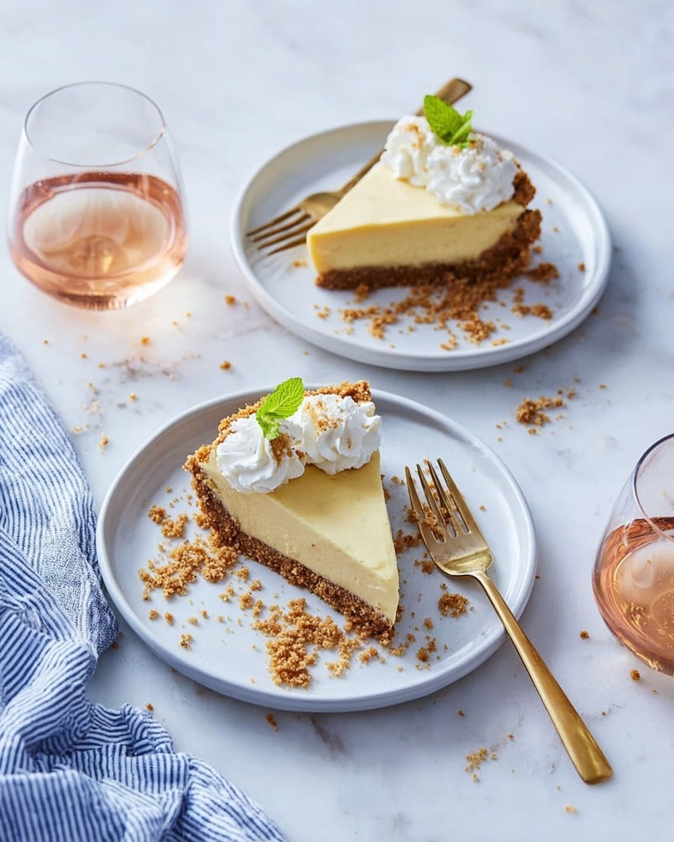 Two slices of pie are each placed on white plates on a white marbled surface. Each slice has two layers: a light yellow creamy top layer and a brown crumbly crust bottom layer. Both slices are topped with two dollops of white whipped cream and thin green leaves. Brown crumbs are sprinkled around the pie slices on the plates and the surface. Two gold forks rest beside the slices, one above and one next to each piece. A glass of light pink wine with a blue and white striped cloth near it is at the bottom of the image. Photo taken with an iphone --ar 4:5 --v 7