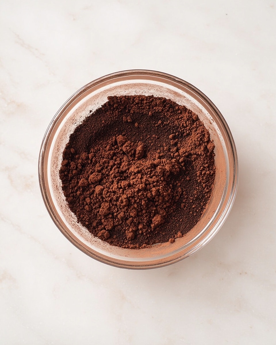 A clear glass bowl sits on a white marbled surface, filled with a single layer of dark brown cocoa powder. The powder appears slightly clumped in some areas, with a mix of fine and coarse textures spread evenly across the surface of the bowl. The bowl itself is round and simple, showing the rich, dry cocoa color clearly against the clean, bright background photo taken with an iphone --ar 4:5 --v 7