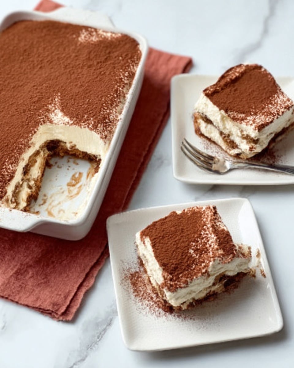 The image shows a white rectangular dish filled with a dessert that has a thick light cream layer topped by a smooth layer of brown cocoa powder. Two pieces are served on separate white square plates in front of the dish. One piece is slightly cut with a small silver fork next to it on the plate, and the other piece is untouched. The dessert layers look soft and creamy, with a slightly uneven cocoa powder topping. The scene is set on a white marbled surface with a reddish-brown cloth square partially visible under one plate. Photo taken with an iphone --ar 4:5 --v 7
