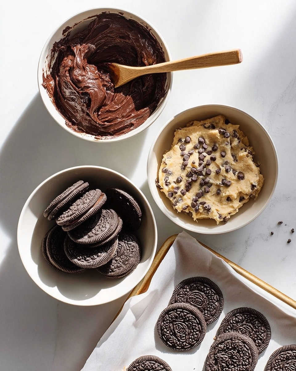 The image shows four white bowls with different cookie ingredients set on a white marbled surface. The top left bowl holds thick, dark chocolate dough with a smooth and shiny texture, a wooden spoon resting inside. The top right bowl contains light beige cookie dough studded with chocolate chips, soft and slightly crumbly. The bottom left bowl is filled with whole chocolate sandwich cookies stacked neatly. On the right, there is a white baking tray lined with parchment paper, holding flattened cookie dough filled with chocolate chips, pressed evenly but not fully covering the tray. Bright natural light casts soft shadows across the bowls and tray. Photo taken with an iphone --ar 4:5 --v 7