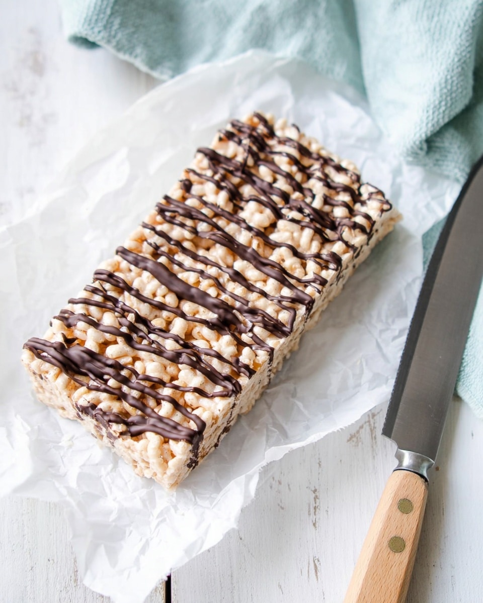 A rectangular rice crispy treat bar with a pale beige base made of crispy cereal mixed with marshmallows, topped with thin, uneven dark chocolate drizzle lines across the whole surface. The bar sits on crumpled white parchment paper, placed on a white marbled surface. To the right of the treat, there is a large kitchen knife with a light wooden handle resting on the white marbled surface. A light blue cloth is visible in the upper right corner. Photo taken with an iphone --ar 4:5 --v 7