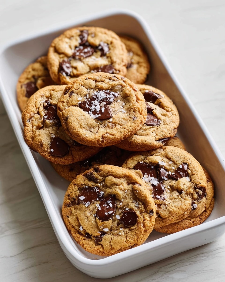 A white rectangular dish filled with a pile of golden brown chocolate chip cookies. The cookies have a slightly cracked surface with dark brown chocolate chips visible on the top and are sprinkled with coarse white salt flakes. The dish sits on a white marbled surface with soft natural light casting gentle shadows, highlighting the cookies' texture and making them look fresh and soft photo taken with an iphone --ar 4:5 --v 7