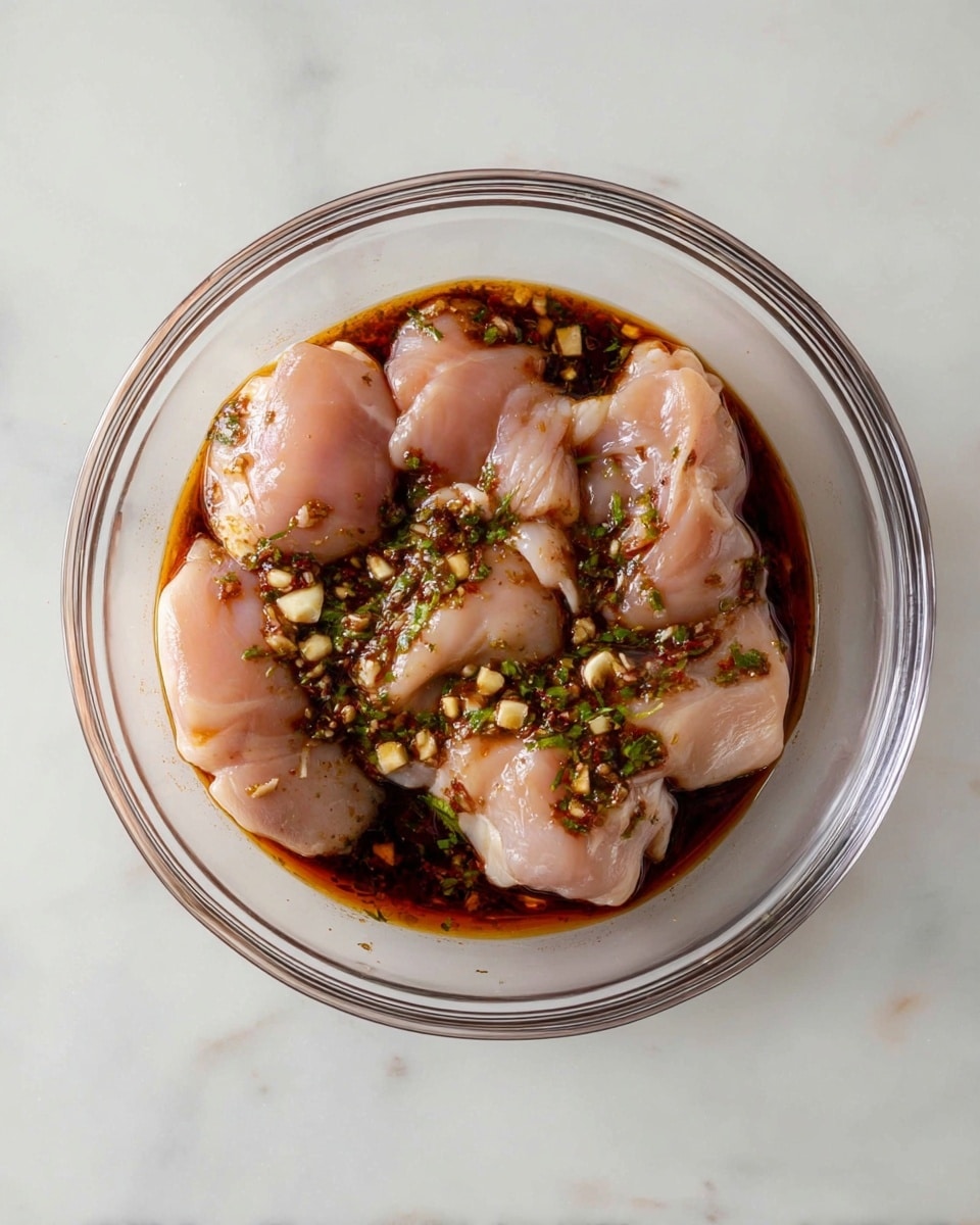 A clear glass bowl sits on a white marbled surface, filled with seven pieces of raw chicken that are pale pink with a smooth texture. The chicken pieces rest on a dark reddish-brown marinade that has visible green herbs and small chunks of garlic or similar ingredients floating in it. The marinade partially covers some chicken pieces, creating a glossy contrast between the sauce and the meat. The bowl is viewed from above, showing the arrangement of chicken and marinade evenly spread inside. Photo taken with an iphone --ar 4:5 --v 7