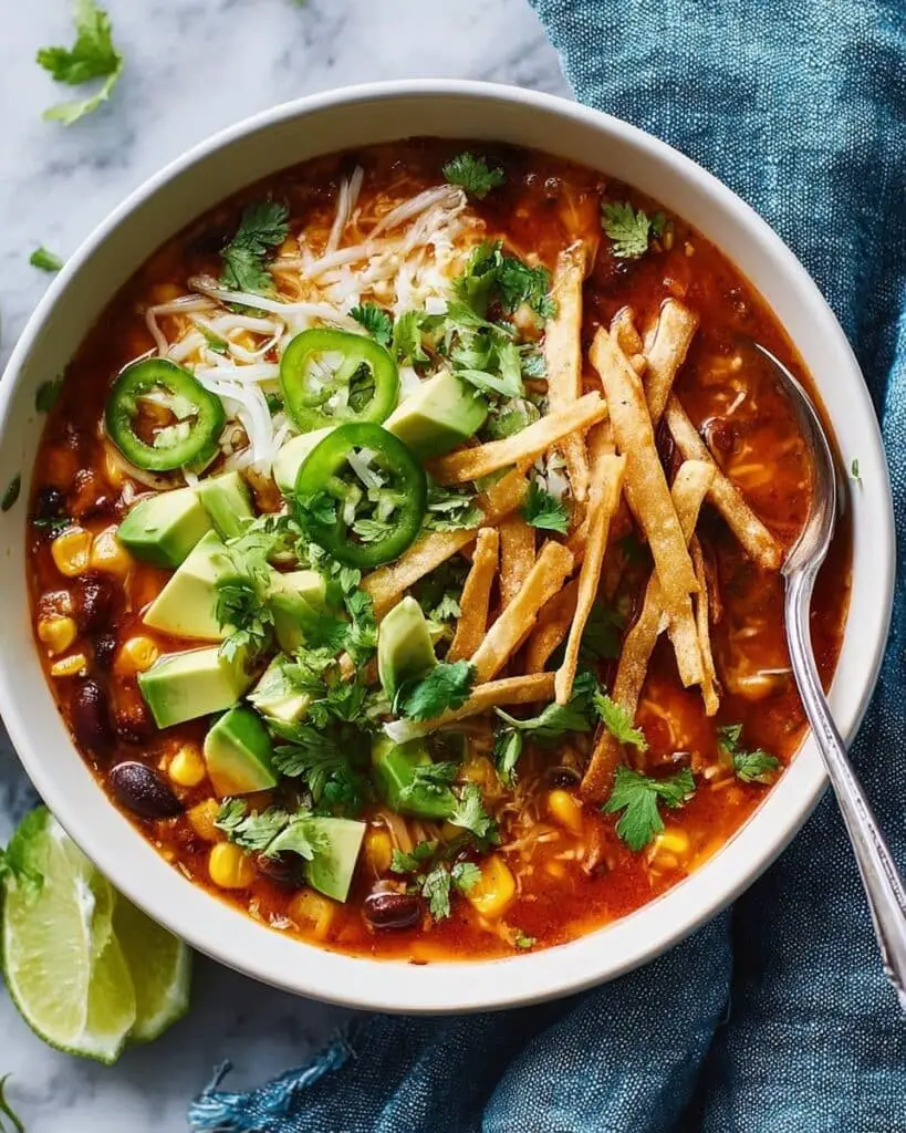Creamy Spicy Chicken Tortilla Soup with Crispy Tortilla Strips Recipe