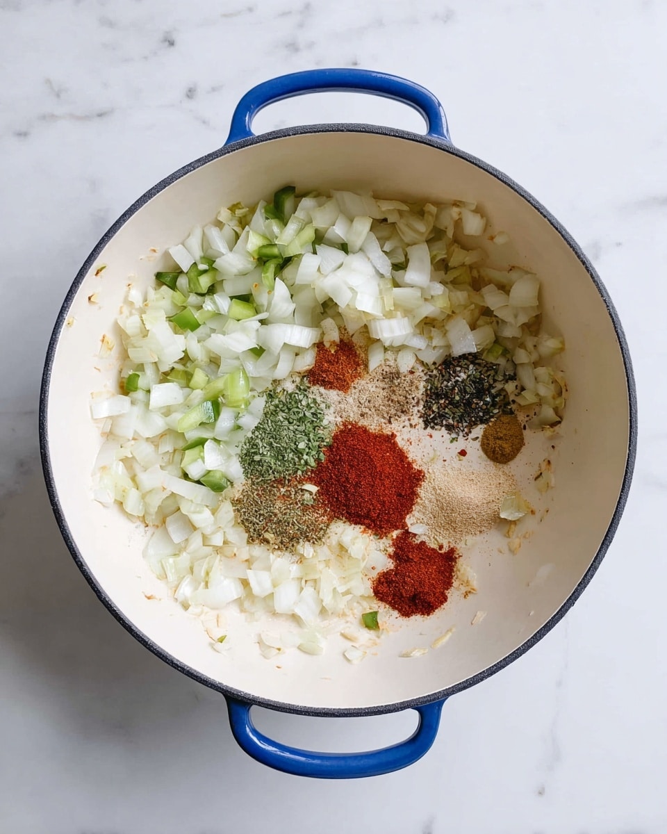 A white round pan with blue handles sits on a white marbled surface. Inside the pan, chopped white onions and small pieces of green peppers are scattered mostly on the left and upper sides. On the right side near the center, there are five different spices arranged in small piles, each with distinct colors: bright red, dark green, white, black, and light brown. The overall texture inside the pan shows soft cooked vegetables mixed with dry powder spices, creating a colorful mix of white, green, red, brown, and black. Photo taken with an iphone --ar 4:5 --v 7