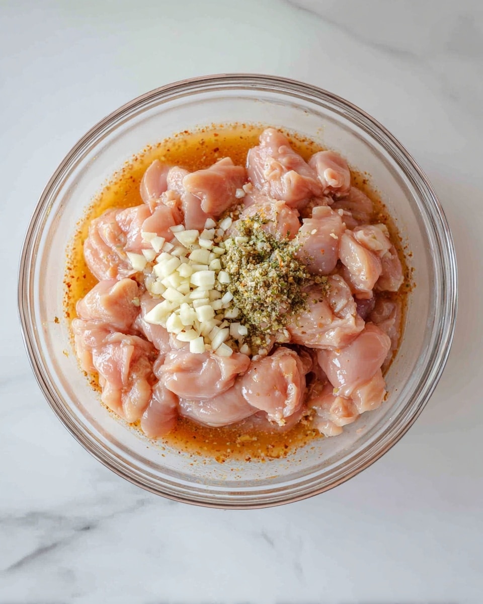 A clear glass bowl holds raw pinkish chicken pieces mixed with a pale orange liquid marinade that lightly coats the bowl's sides. On top of the chicken, there is a small pile of finely chopped white and pale yellow garlic. The bowl sits on a white marbled surface. photo taken with an iphone --ar 4:5 --v 7