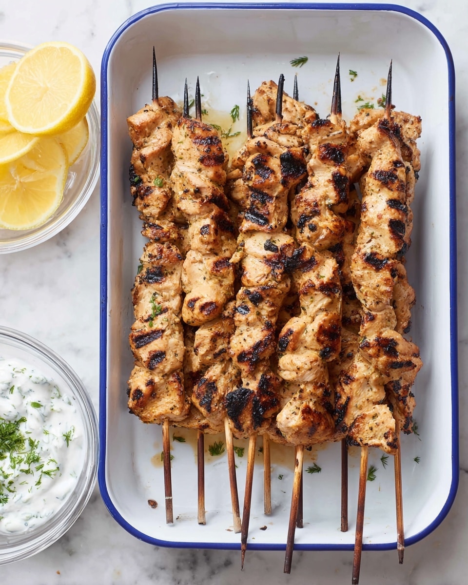 There is a white rectangular dish with a blue rim that holds eight skewers of grilled chicken pieces, each skewer layered with golden brown grilled chicken chunks showing dark grill marks. The chicken looks juicy with a mix of light and darker brown spots, and the wooden skewers have slightly charred tips. To the left of the dish, there is a clear small bowl with lemon wedges and another clear bowl with white yogurt sauce with green herbs sprinkled in. The entire scene sits on a white marbled surface. photo taken with an iphone --ar 4:5 --v 7