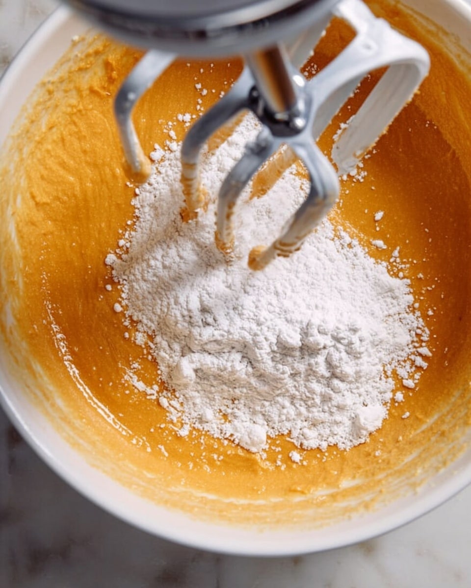 A close-up image shows a white bowl with a thick, smooth orange batter at the bottom. On top of the batter, there is white flour being mixed in by a stand mixer with silver beaters, which are partially covered in the batter and flour. The white marbled surface is visible around the bowl. photo taken with an iphone --ar 4:5 --v 7