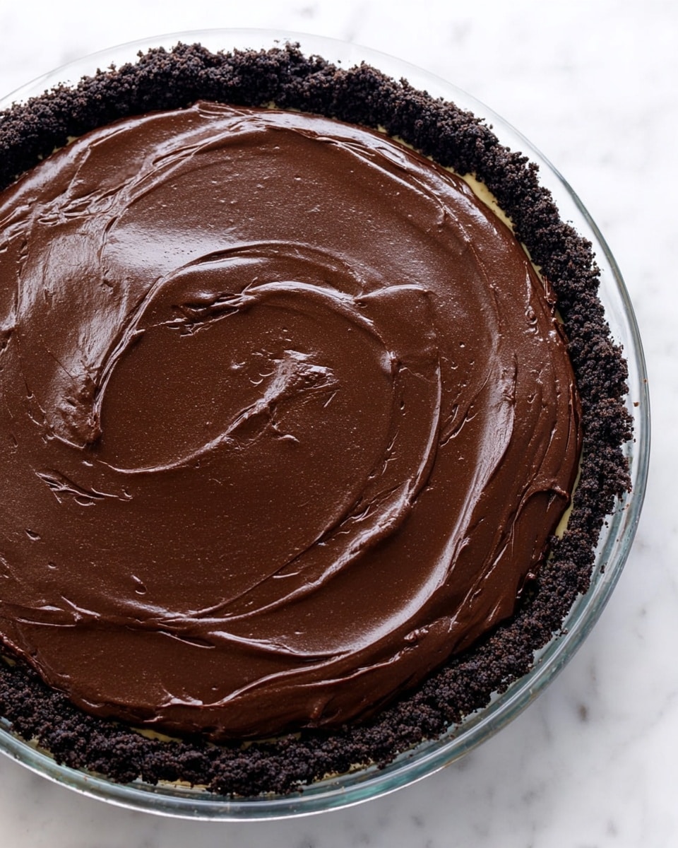 A pie with two visible layers sits on a white marbled surface; the bottom layer is made of dark chocolate cookie crumbs forming a thick crust around the edges, and the top layer is a smooth, thick, shiny dark chocolate filling that is spread evenly over the crust with soft swirls on the surface, all held in a clear glass pie dish, photo taken with an iphone --ar 4:5 --v 7