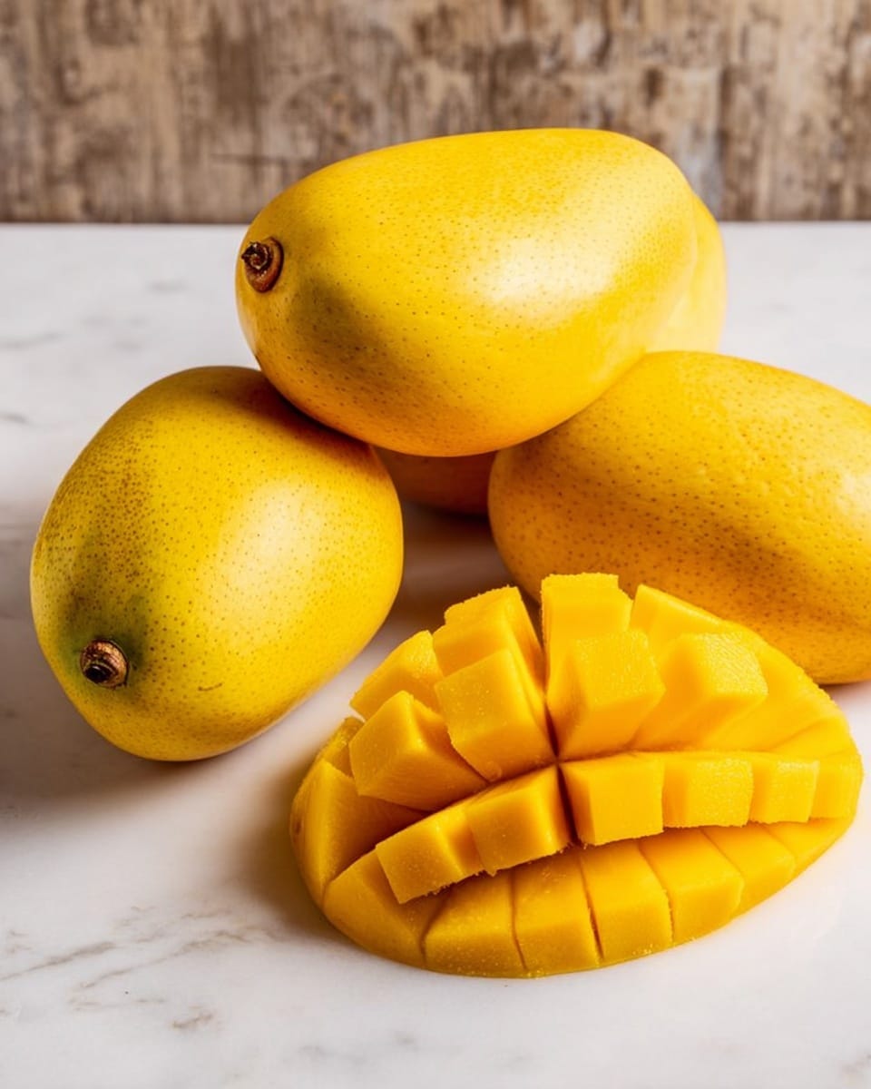 The image shows four whole yellow mangoes with smooth skin and one mango sliced in a grid pattern into small cubes but still attached to the skin, displayed on a white marbled surface with a wood textured background behind them. The sliced mango's bright, juicy yellow flesh contrasts with the smooth outer skin of the whole mangoes. The fruit is arranged close together, highlighting the fresh and ripe look of the mangoes. photo taken with an iphone --ar 4:5 --v 7