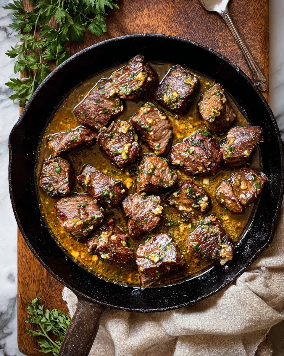 A black cast iron pan holds about twenty pieces of browned meat chunks in a shiny, golden sauce with bits of herbs and garlic. The meat pieces show a mix of dark brown seared tops and lighter brown sides. Small green herb flakes and crushed light-colored spices are scattered on the meat and sauce. The pan is placed on a wooden board with sprigs of fresh green parsley nearby, and a soft beige cloth is partly visible at the bottom. The background is a white marbled texture. photo taken with an iphone --ar 4:5 --v 7