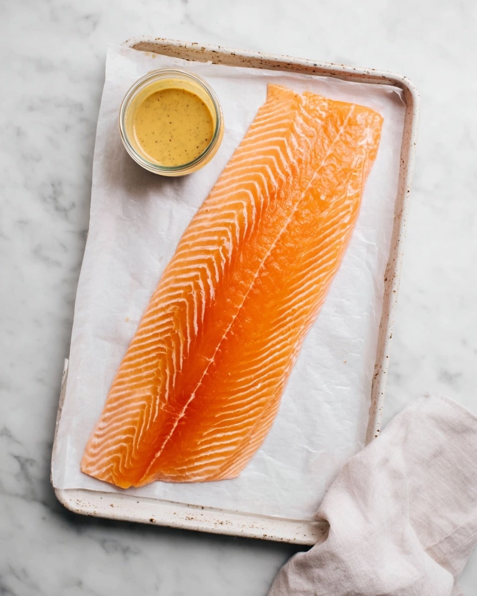 A single large, raw salmon fillet with bright orange flesh and white lines running through it lies flat on a piece of white parchment paper. The paper rests on a white tray with slight brown specks. Next to the salmon, on the top left, there is a small clear glass jar filled with yellow mustard-like sauce. The tray is placed on a white marbled surface, and a white cloth is partially visible on the right side. photo taken with an iphone --ar 4:5 --v 7