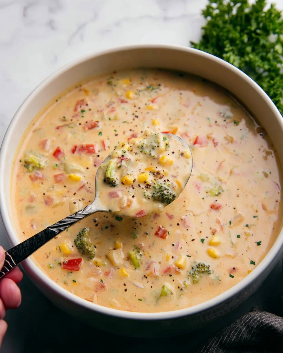A thick creamy soup with a light beige base, speckled with small chopped pieces of red bell pepper, green broccoli, yellow corn, and bits of light brown meat, all mixed together showing a smooth and creamy texture with visible tiny black pepper flakes. The soup is in a deep white bowl, held by a woman's hand with a spoon lifting a spoonful of the soup, showing the mixed vegetables and creamy broth clearly. The background has a white marbled texture with some green leafy garnish slightly blurred. Photo taken with an iphone --ar 4:5 --v 7