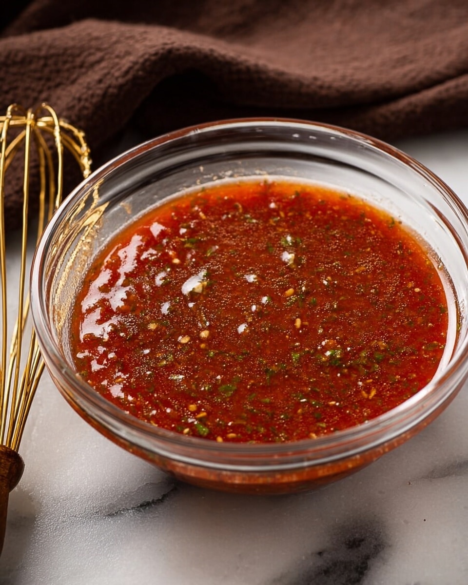 A clear glass bowl filled with a bright red sauce, mixed with visible small green herbs and tiny black and white spices. The sauce has a smooth but slightly textured surface with some shiny oil droplets reflecting light. The bowl sits on a white marbled surface next to a golden whisk with some sauce on its wires, and a folded dark brown cloth can be seen in the top left corner. Photo taken with an iphone --ar 4:5 --v 7