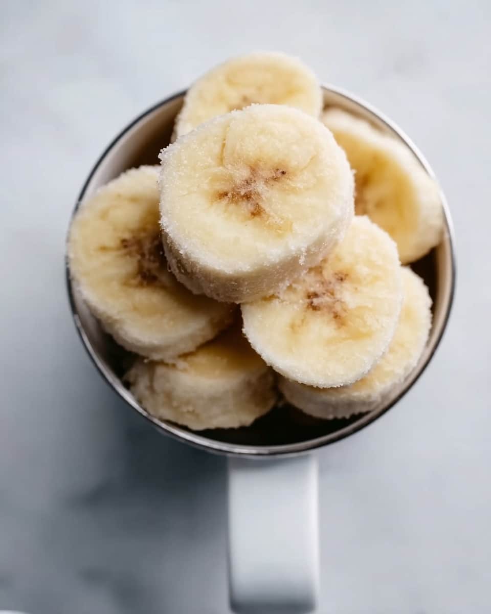 The image shows several thick slices of banana stacked inside a white measuring cup with a handle. The banana slices are pale yellow with light brown spots in the middle, showing their natural texture and soft inside. The cup is placed on a white marbled surface, which adds a clean and bright feel to the image. The focus is close-up, making the banana slices look fresh and detailed. photo taken with an iphone --ar 4:5 --v 7