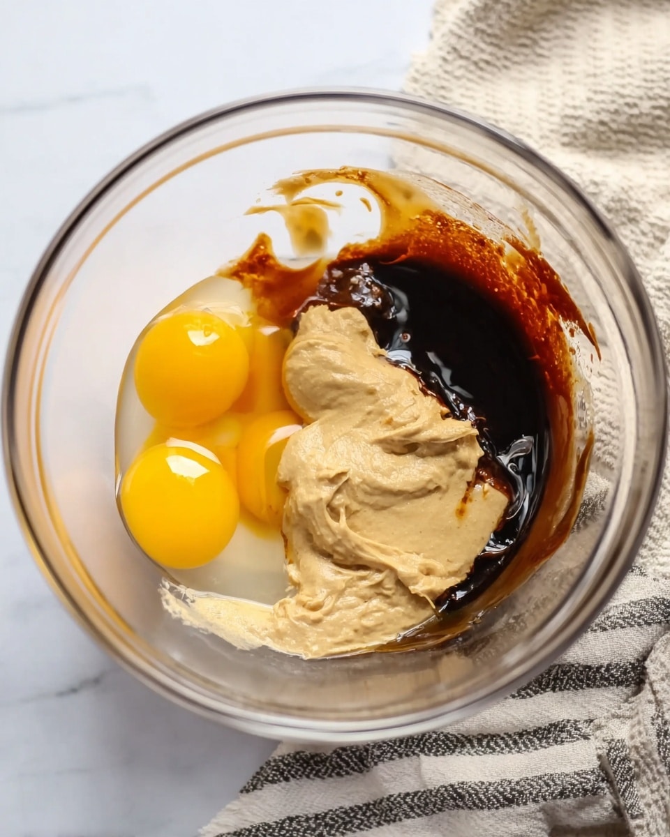 A clear glass mixing bowl is shown from above on a white marbled surface. Inside the bowl, there are three layers of ingredients: two bright yellow raw egg yolks sitting side by side in the middle-left area, a thick light brown creamy mixture pushed mostly to the right side, and a shiny dark brown liquid pooling in the bottom right corner and some spilling slightly over the brown mixture. A beige and gray striped cloth is partially seen on the right side next to the bowl. photo taken with an iphone --ar 4:5 --v 7