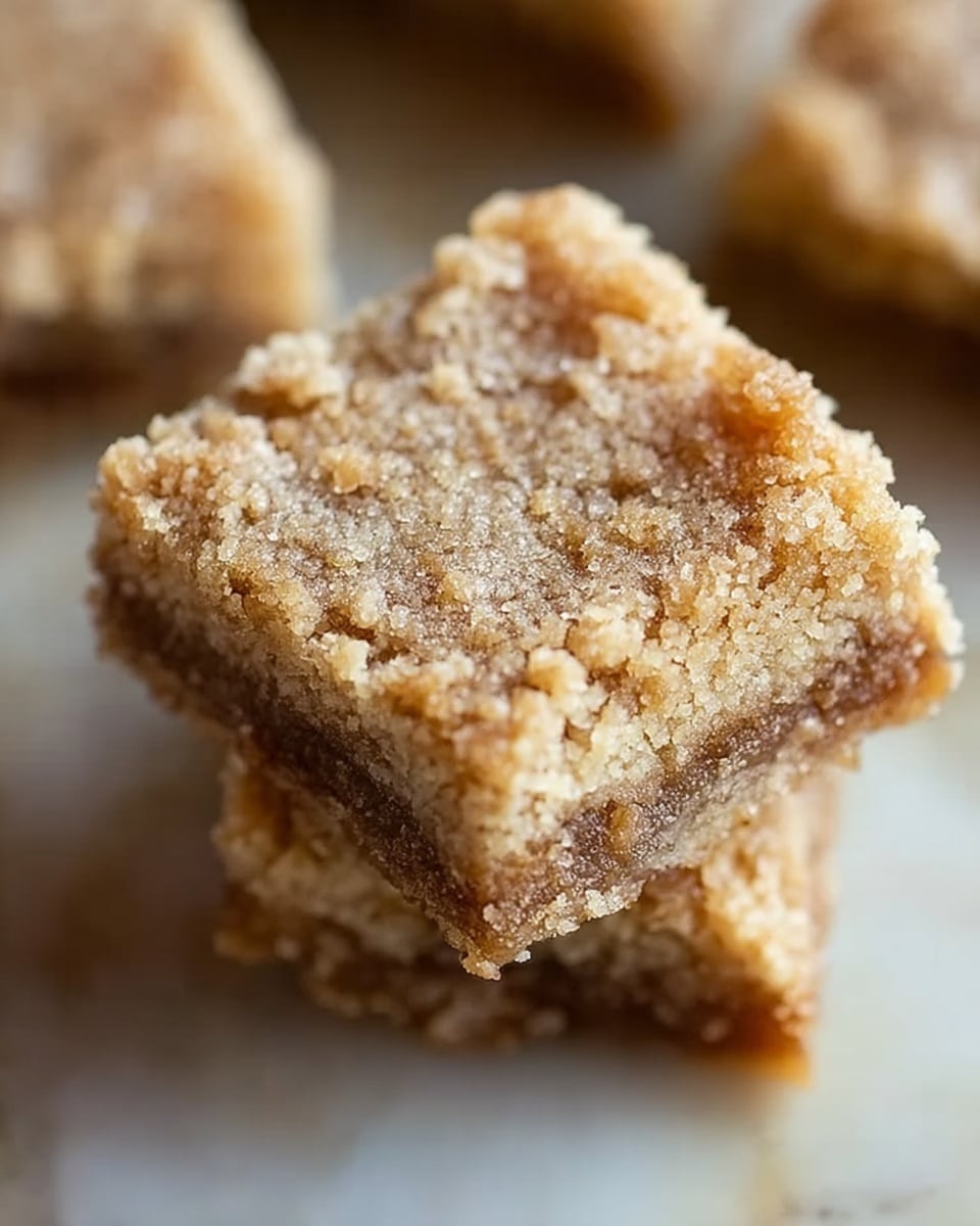 The image shows a close-up of a single square bar with a crumbly, light brown top layer that looks dry and cracked, suggesting a crunchy texture. The layers underneath are slightly visible, appearing dense and slightly moist. The bar is resting on a white marbled surface, with a soft depth of field that blurs the background and other bars. photo taken with an iphone --ar 4:5 --v 7