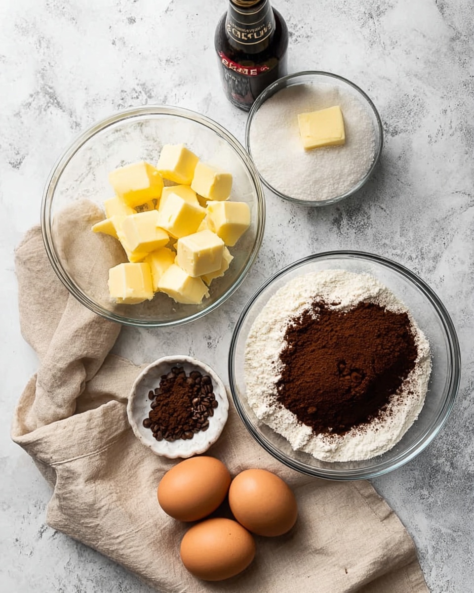 The image shows ingredients laid out on a white marbled surface for baking. In the top right, there is a clear glass bowl with large chunks of yellow butter and white sugar inside. Below it to the right, another clear glass bowl holds a mix of brown cocoa powder and white flour side by side. To the bottom left, there are four brown eggs resting on a cream-colored cloth. Next to the eggs, a small black and white bowl contains white salt and dark brown powder, and beside it is a small dark bottle with a black label. The soft fabric gently folds around the eggs and other ingredients, creating a cozy, inviting look. Photo taken with an iphone --ar 4:5 --v 7