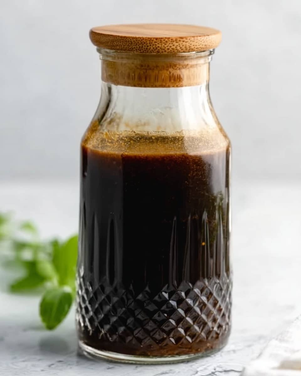A clear glass bottle with a wooden lid is filled with thick dark brown sauce, showing subtle texture on the surface. The bottle has a diamond pattern halfway up the top and sits on a white marbled surface with soft light reflecting on the glass, highlighting the rich color of the sauce inside. A small green leaf is visible blurred in the background near the side. photo taken with an iphone --ar 4:5 --v 7
