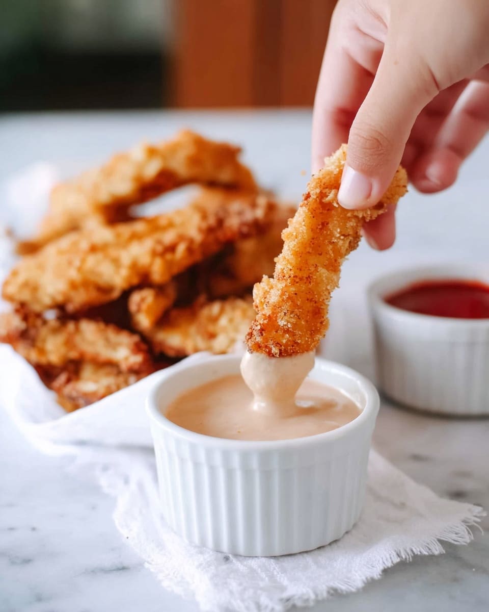 A woman's hand is holding a long golden brown fried strip that is being dipped into a small white ramekin filled with light beige creamy sauce. Next to it, there are several more crispy fried strips piled up on a white cloth on a white marbled surface. Behind the dipping ramekin is another small white ramekin with red sauce, slightly out of focus. photo taken with an iphone --ar 4:5 --v 7