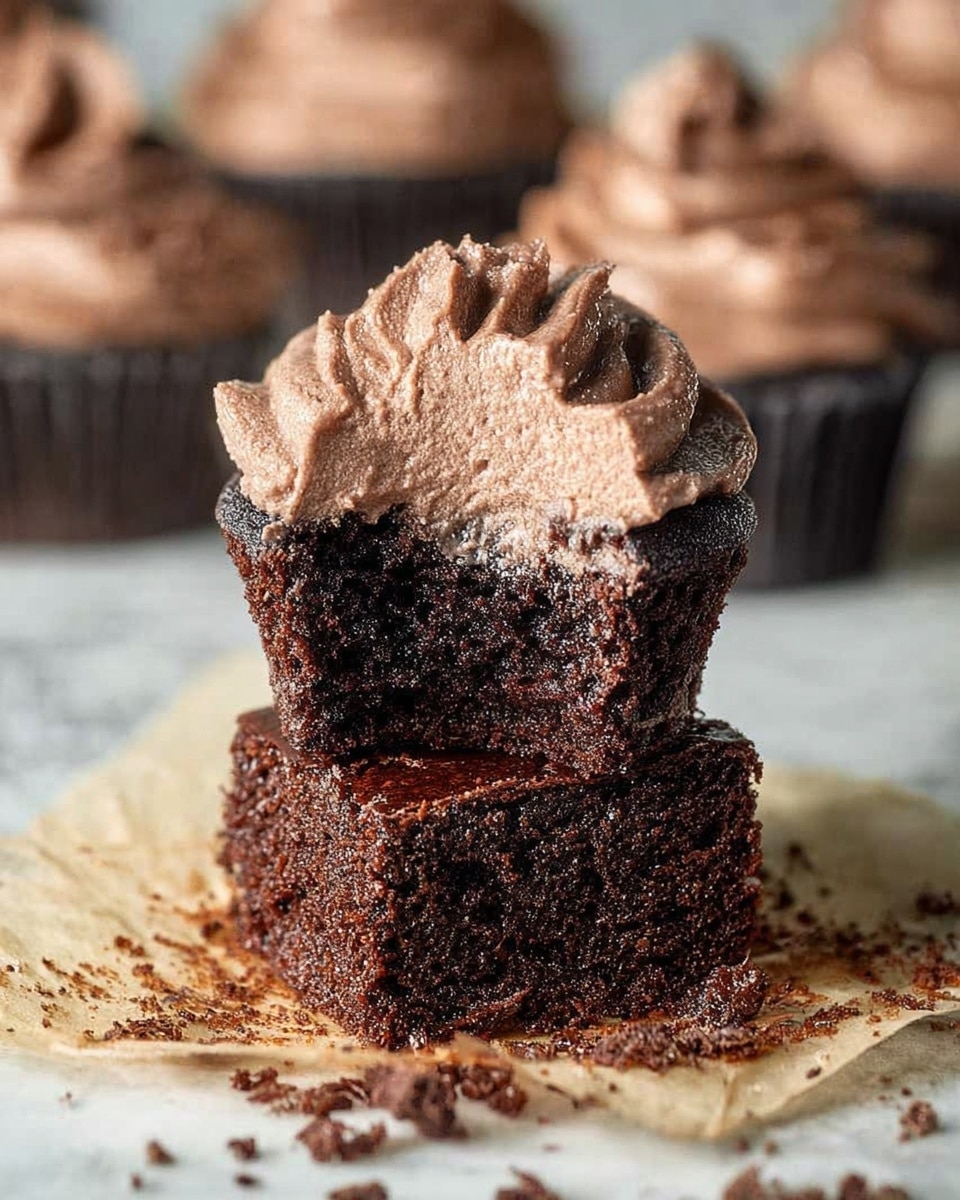 A close-up image showing a chocolate cupcake with a light chocolate frosting on top that has a fluffy and smooth texture, sitting on two stacked square chocolate brownies with a dense and slightly crumbly texture. The cupcake is partly bitten to reveal its moist, dark interior. There are small chocolate crumbs scattered around on light brown parchment paper placed on a white marbled surface. The background is softly blurred with more similar cupcakes visible. Photo taken with an iphone --ar 4:5 --v 7