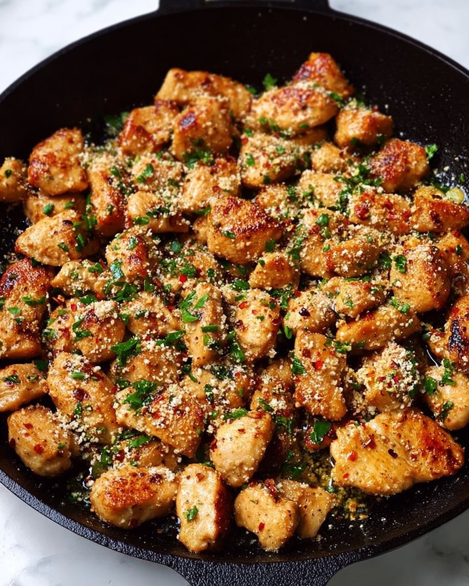 The image shows a black cast iron pan filled with many small, golden brown pieces of cooked chicken, seasoned with green parsley bits and sprinkled with a light layer of what looks like grated cheese and crushed red pepper flakes, all sitting on a white marbled surface, photo taken with an iphone --ar 4:5 --v 7