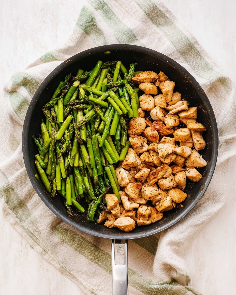 A round black pan contains two main layers: on the left side, bright green asparagus pieces with a glossy texture mixed with herbs; on the right side, golden-brown small chicken pieces with some charred spots and sprinkled with chopped herbs. A small wedge of yellow lemon is placed at the bottom left corner. The background is a white marbled surface with a cloth partially visible below the pan. photo taken with an iphone --ar 4:5 --v 7