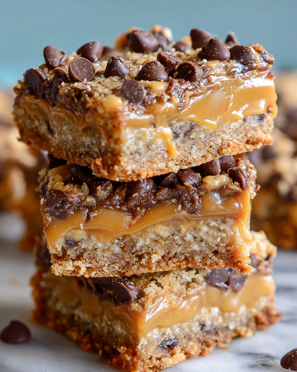 The image shows a stack of three thick dessert bars on a wooden board with white marbled texture background. Each bar has three main layers: a base layer that is golden brown and crumbly, filled with chocolate chips throughout; a middle, thick caramel layer that is smooth and shiny, clearly visible in golden yellow color; and a top layer that is similar to the base, golden brown with more chocolate chips embedded in it. Around the stack, a few loose chocolate chips are scattered on the board. The overall texture looks soft with slight crispiness on the edges. Photo taken with an iphone --ar 4:5 --v 7