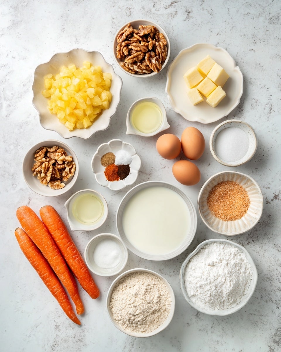 A top view of many ingredients arranged neatly on a white marbled surface. On the left, three whole carrots with bright orange peel. Next to them, a small white bowl filled with crushed pineapple pieces, yellow and juicy. Above it, a small pile of brown walnuts. Near the walnuts, a small white plate holding a few teaspoons of ground spices in soft beige and dark brown. In the top center, a small white plate with yellow butter cubes. To the right, a small oval white dish with smooth white liquid cream, beside a white bowl filled with fine white powdered sugar. Three brown eggs sit in a small white scalloped bowl. Surrounding them are other small white dishes containing vanilla extract, white salt, and other white powders. Below, two round bowls, one filled with light brown sugar and the other with white flour. The whole scene is bright, clean, and organized, photo taken with an iphone --ar 4:5 --v 7