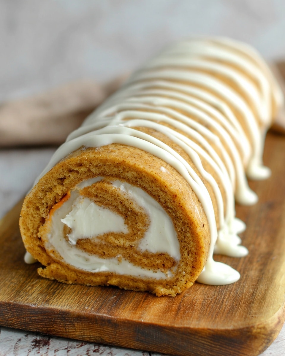 A close-up view of a rolled cake placed on a wooden board with a white marbled texture background; the cake has a light brown, slightly textured outer layer that is tightly rolled, showing a creamy white filling forming spiral layers inside; the top of the cake is decorated with smooth white icing drizzled evenly in lines across its length, and some icing has also dripped onto the wooden surface near the cake --ar 4:5 --v 7