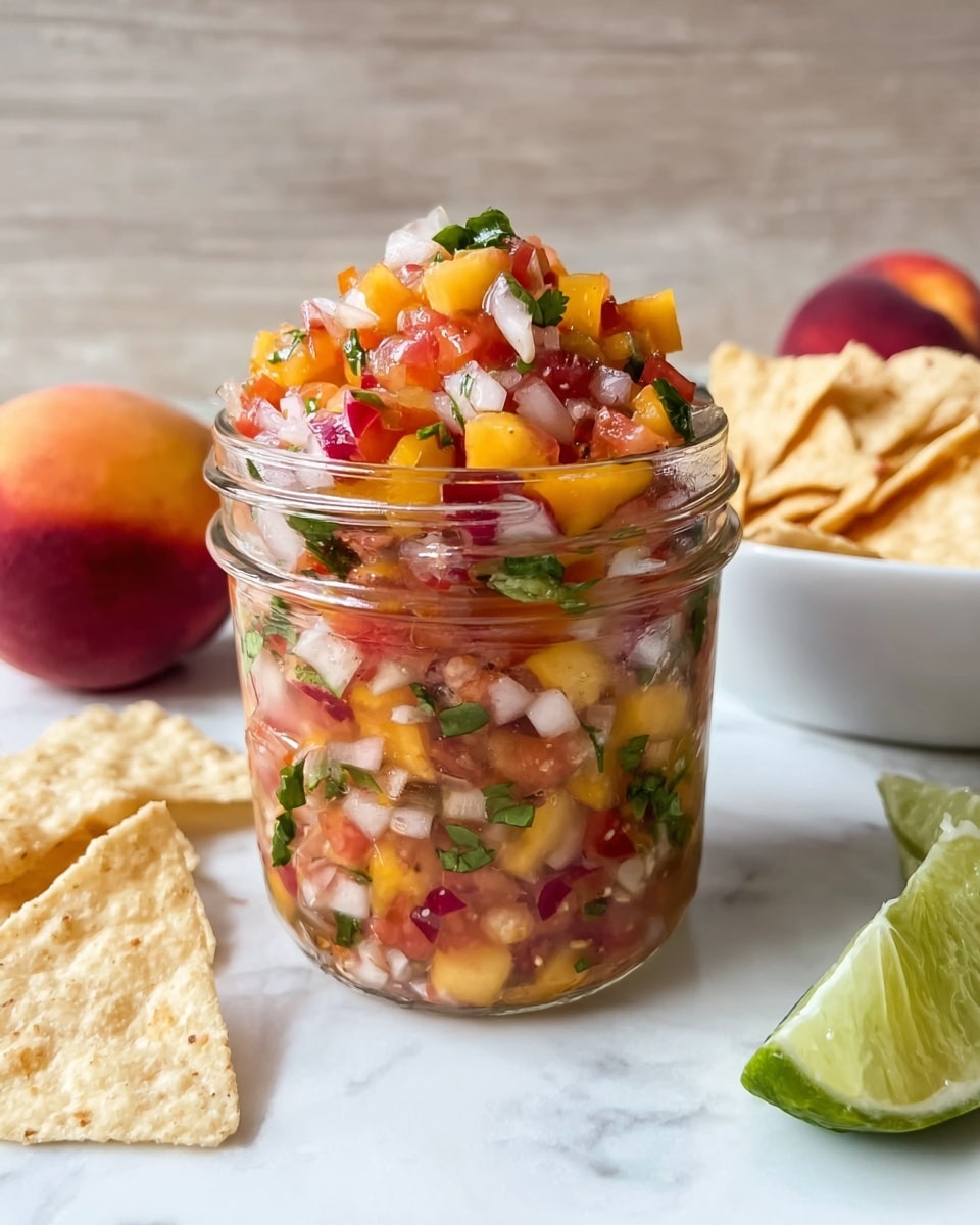 The image shows a clear glass jar filled three-quarters with a colorful salad made of small diced pieces of red tomatoes, yellow peaches, white onions, and green herbs mixed evenly. On top of the jar is a heap of the same diced salad that rises above the rim. To the left of the jar, there are some white tortilla chips lying on a white marbled surface. Behind the jar, there is a white bowl filled with more tortilla chips, while to the right, some whole peaches and a lime wedge rest on the same white marbled surface. The background has a neutral, light wood texture. The photo taken with an iphone --ar 4:5 --v 7