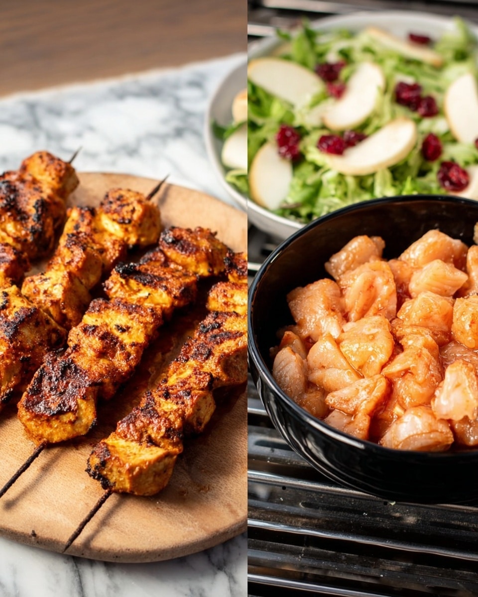 The image shows two parts: on the left, there are four skewers with grilled meat pieces that are golden brown with char marks, placed on a wooden board. Behind the skewers, on the upper left, there is a white plate with green salad leaves, slices of white fruit with reddish centers, and small red dried fruits, all on a white marbled surface. On the right side of the image, there is a black bowl filled with raw light orange and pale pink marinated meat pieces, resting on a grill with a blurred background. The photo taken with an iphone --ar 4:5 --v 7