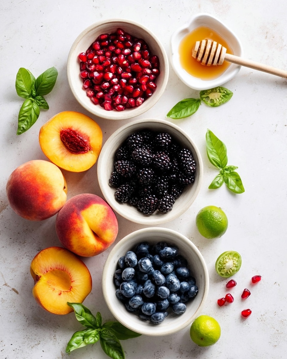 The image shows three white bowls arranged in a triangle on a white marbled surface: the top bowl is full of bright red pomegranate seeds with a shiny, juicy texture; the right bowl holds shiny black blackberries that look plump and fresh; the bottom bowl contains round, blue blueberries with a smooth surface. Surrounding the bowls are slices and halves of orange-yellow peaches with red blush and visible pits, whole peaches, a halved green lime showing its fresh juicy inside, and fresh green basil leaves scattered around. Near the bowls is a white dish holding light golden honey with a wooden honey dipper resting on it. Small clusters of pomegranate seeds and more basil leaves add extra color and detail. Photo taken with an iphone --ar 4:5 --v 7