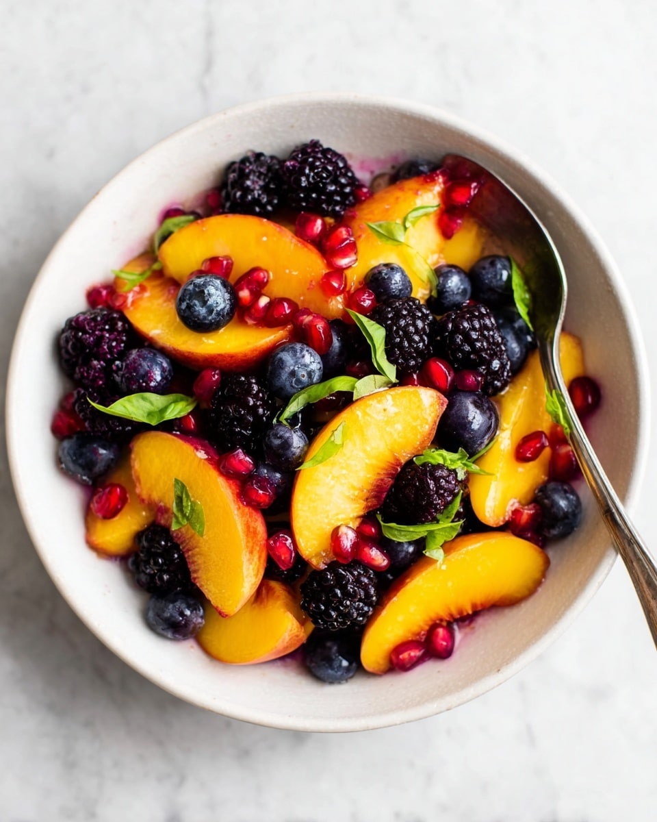 A white bowl filled with a colorful fruit salad sits on a white marbled surface. The dish has bright yellow peach slices with smooth, slightly shiny texture layered evenly throughout. Among the peach slices are dark purple blackberries with a slightly bumpy surface and deep blue round blueberries scattered on top. Small, shiny red pomegranate seeds add bright spots all over the bowl. Thin, fresh green basil strips are sprinkled over the fruits. A silver spoon rests inside the bowl on the right side. Photo taken with an iphone --ar 4:5 --v 7