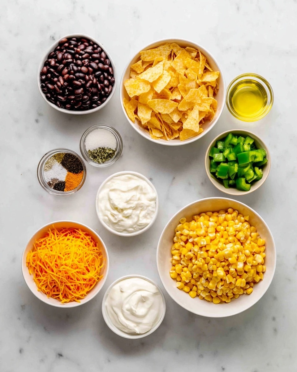 The image shows eight different ingredients in white bowls placed on a white marbled surface. Starting from the top left, there are dark brown black beans in a small white bowl. To the right, chopped green bell peppers sit in another small white bowl. Below the beans, there is a medium-sized white bowl filled with golden yellow chip-like pieces. Next to the peppers is a small bowl with white, black, and light brown spices. Below the spices is a bigger white bowl filled with smooth white cream. To the bottom left, shredded orange cheese sits in a small white bowl. Next to the cheese is a small container of green seasoning, and finally, at the bottom right, a large white bowl is filled with bright yellow corn kernels. In the middle of the image is a small glass container with light yellow oil. photo taken with an iphone --ar 4:5 --v 7