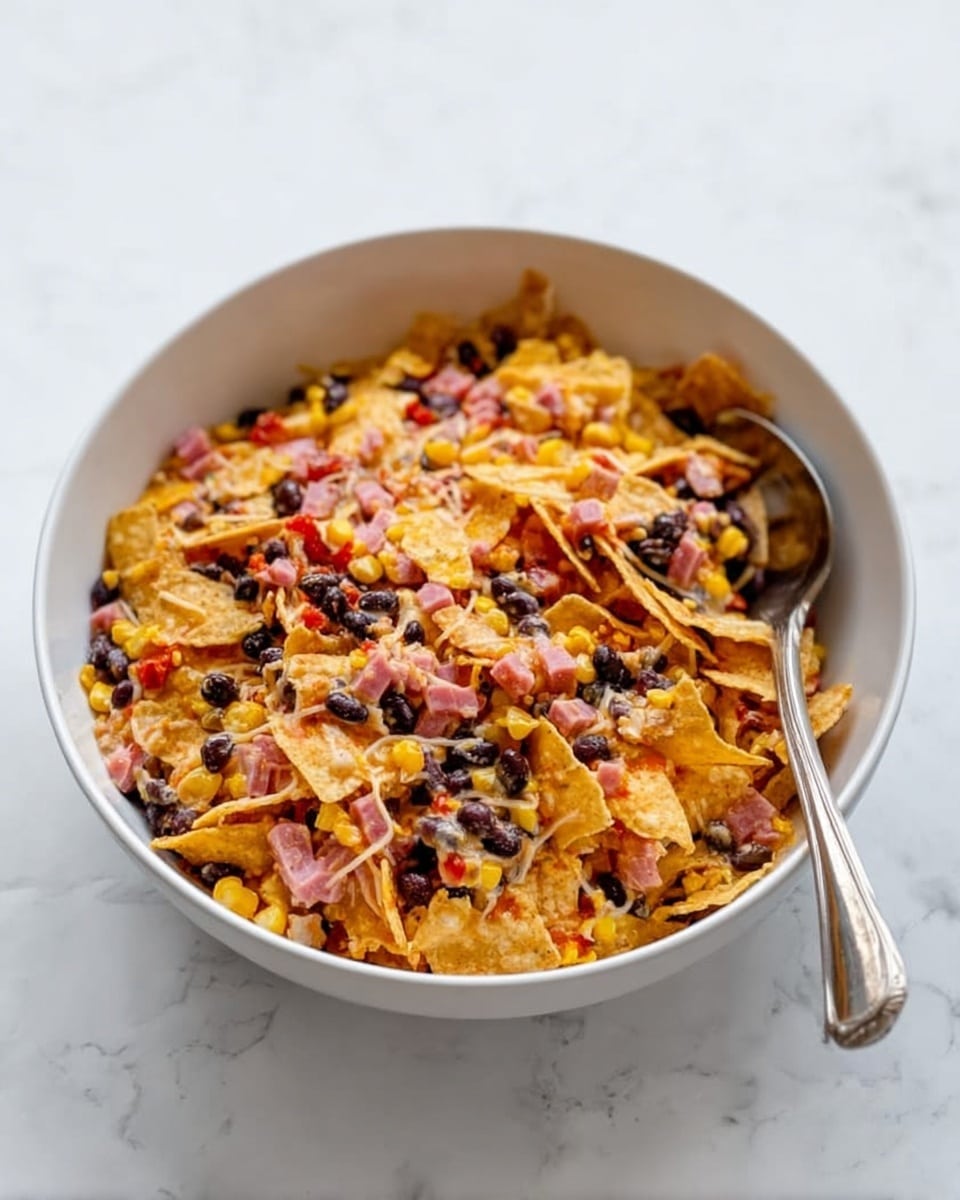 A white bowl filled with a layered taco salad showing crispy light yellow tortilla chips mixed with dark black beans, bright yellow corn kernels, small pieces of pinkish ham, and finely shredded pale orange cheese. Some bits of red diced tomatoes or red sauce are scattered throughout. The texture looks crunchy and slightly moist, with the ingredients spread evenly but not too mixed. A silver spoon is placed inside the bowl resting on the right side. The bowl sits on a white marbled surface. photo taken with an iphone --ar 4:5 --v 7