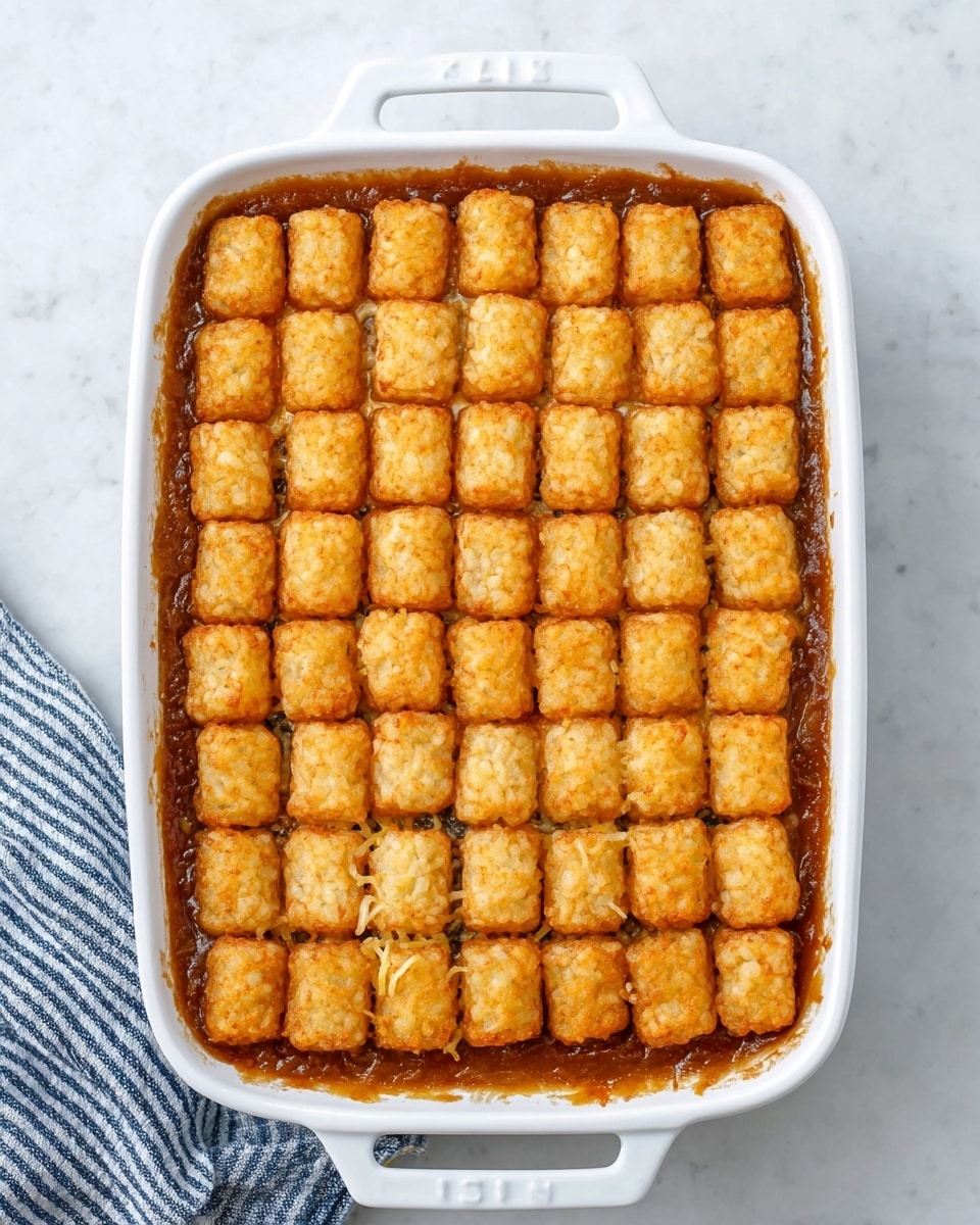 This image shows a baked casserole in a white rectangular dish with a handle on each side. The top layer is made of neatly arranged golden brown tater tots in six rows and eight columns, creating a grid pattern. The tater tots are crispy with some edges showing a slightly darker, crunchy texture. Underneath the tater tots, a thick, brown sauce with a few small bits peeks out around the edges of the dish. The dish is placed on a white marbled surface with a blue and white striped cloth in the bottom left corner. photo taken with an iphone --ar 4:5 --v 7