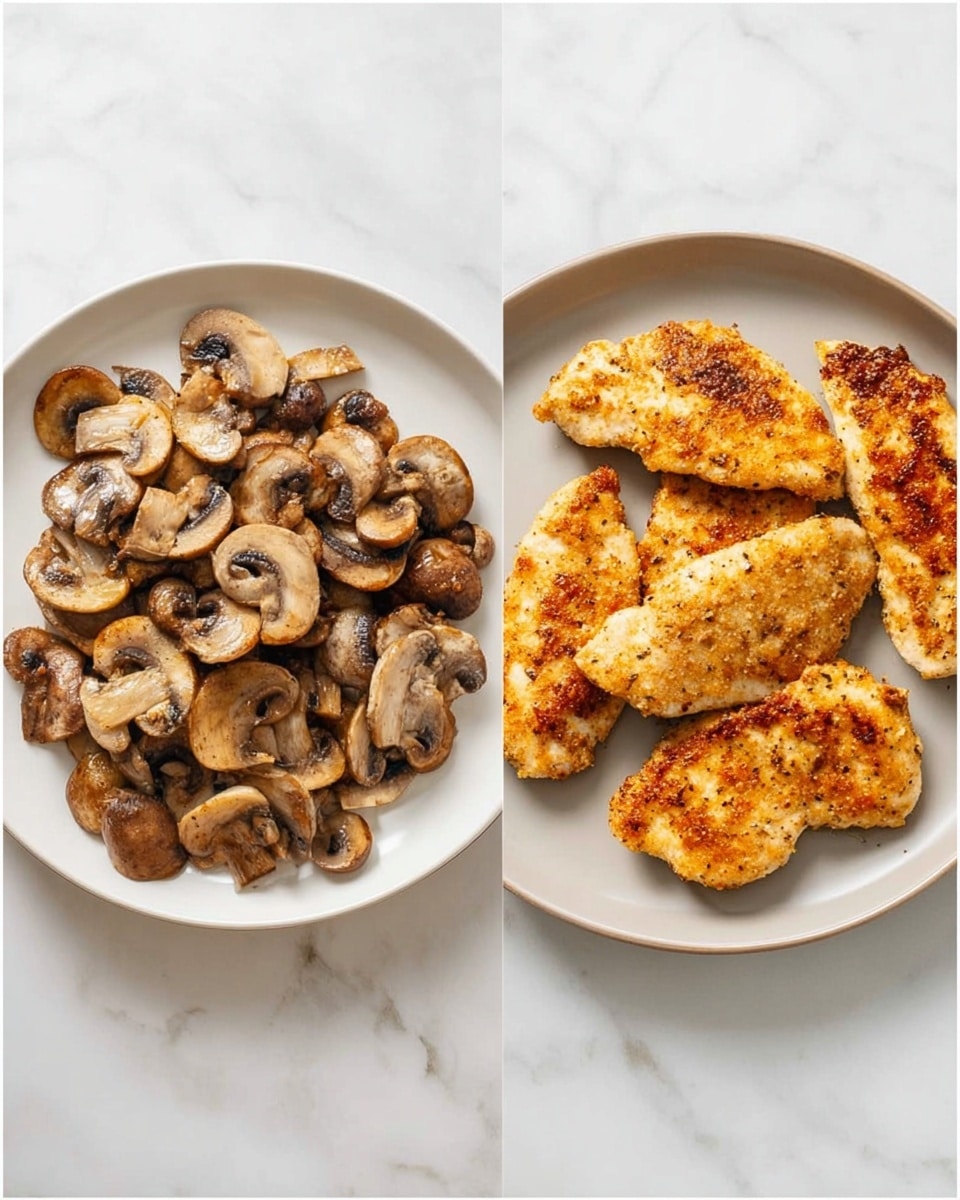 The image shows two white plates on a white marbled surface. The left plate is filled with sliced cooked mushrooms, with a mix of light and dark brown colors and a soft texture. The mushrooms are spread evenly across the plate. The right plate has six pieces of cooked golden-brown chicken tenders arranged in a loose pile, showing a crispy outside with some darker spots. Both plates have food displayed simply without any garnish or extra items. Photo taken with an iphone --ar 4:5 --v 7