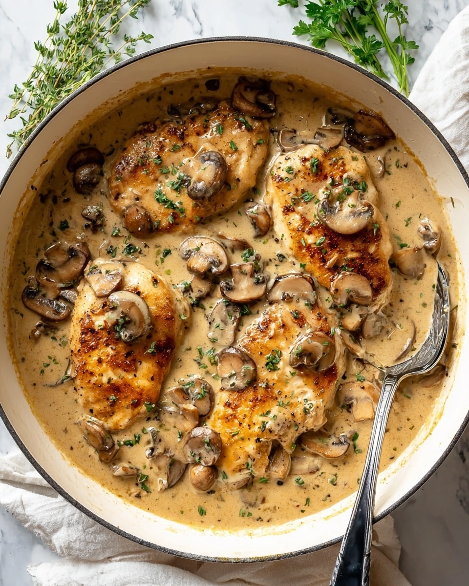 A white round plate holds a simple meal with two main parts. On the left is a cooked piece of meat covered in light brown mushroom sauce, with several mushroom slices on top. The meat looks browned and juicy. On the right is a thick, white mound of mashed potatoes with the same brown mushroom sauce poured over the top and some mushroom slices. A small green herb sprig lies at the top edge of the plate. The plate sits on a white marbled surface with a soft white cloth and fresh green herbs in the background. photo taken with an iphone --ar 4:5 --v 7