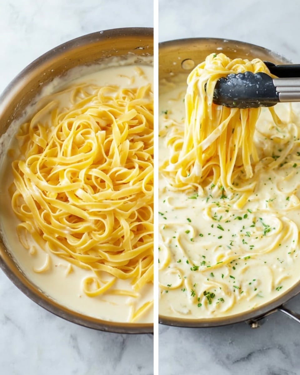 A close-up view of a pan on a white marbled surface showing two stages of making creamy pasta; the left side shows cooked yellow fettuccine pasta placed on a thick white cream sauce with a smooth texture, filling the pan around and under the pasta in one layer. On the right side, the pasta is fully mixed with the creamy sauce, coated evenly, and sprinkled with small bits of green herbs all over; a pair of black tongs holds some pasta strands above the pan, showing the sauce's smooth and creamy texture covering the slightly shiny yellow pasta strands. photo taken with an iphone --ar 4:5 --v 7