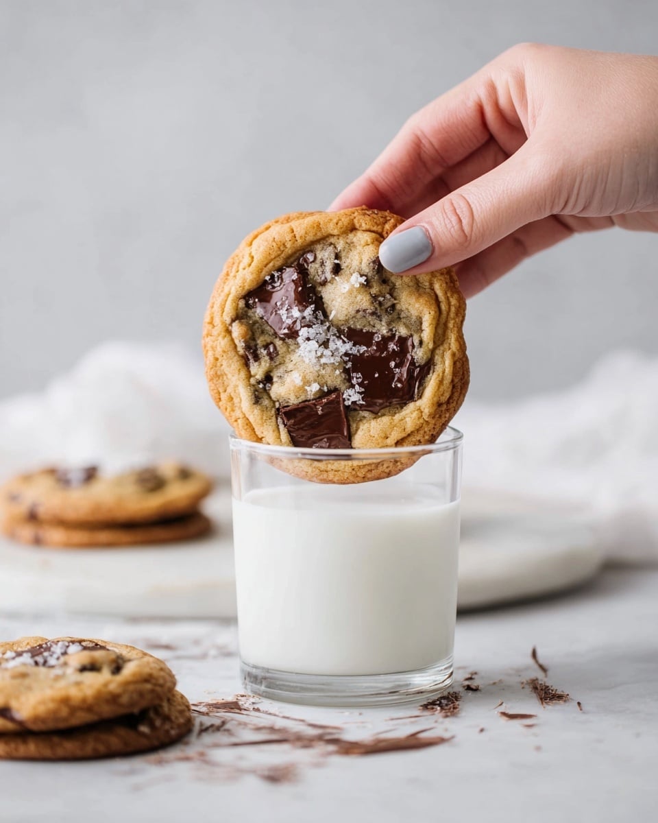 The image shows seven round chocolate chip cookies placed on a piece of white parchment paper over a white marbled cooling rack surface. Each cookie is golden brown with visible soft, dark chocolate chunks irregularly spread over the top, some melted slightly into the cookie dough. The surface of each cookie is slightly wrinkled and appears soft with a few flakes of white sea salt sprinkled on top. In the lower right corner, there is a small gray container filled with coarse salt, adding a texture contrast to the scene. The photo has a clean, bright look with a close-up view. photo taken with an iphone --ar 4:5 --v 7