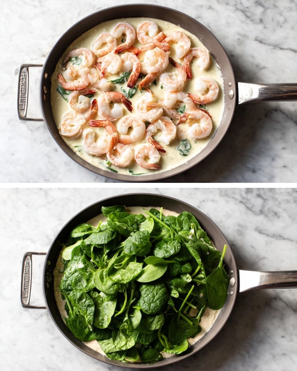 In a gray pan on a white marbled surface, there is a first layer of light cream sauce covering the bottom, topped with many raw shrimp arranged in a scattered way mostly facing outward. In the next image, the same pan shows the cream sauce and shrimp partially covered with a thick pile of fresh green spinach leaves spread unevenly but mostly covering the shrimp beneath. The pan handle is visible in both images, and the lighting is bright and natural, showing detail and color clearly photo taken with an iphone --ar 4:5 --v 7
