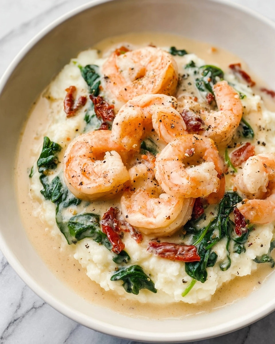 The dish is served on a white bowl with a creamy mashed white base layer that looks soft and fluffy. On top, there are orange-pink cooked shrimp spread evenly, each with a curved shape and a light seasoning of black pepper. Mixed among the shrimp are bright green spinach leaves with a slightly wilted texture and dark red sun-dried tomato strips. A creamy light beige sauce covers the shrimp, spinach, and tomatoes, giving a glossy and smooth finish to the dish. The background shows a white marbled surface, enhancing the clean and fresh look of the food photo taken with an iphone --ar 4:5 --v 7