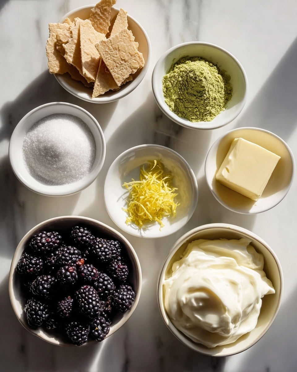 The image shows seven small white bowls arranged on a white marbled surface. The top left bowl contains light brown crispy wafer pieces. Next to it, a bowl holds a mound of green powder with a fine texture. To the right, a small bowl has bright yellow lemon zest strands. Below the wafers, there is a bowl filled with white granulated sugar. The center bowl shows many ripe blackberries, dark purple and shiny. Below it, a smaller bowl also has several blackberries. To the right of the blackberries, a bowl is filled with thick, white cream with a smooth and soft texture. Finally, a bowl located bottom right holds a pale yellow, rectangular block of butter. The lighting casts soft shadows, and the overall setup looks neat and bright photo taken with an iphone --ar 4:5 --v 7