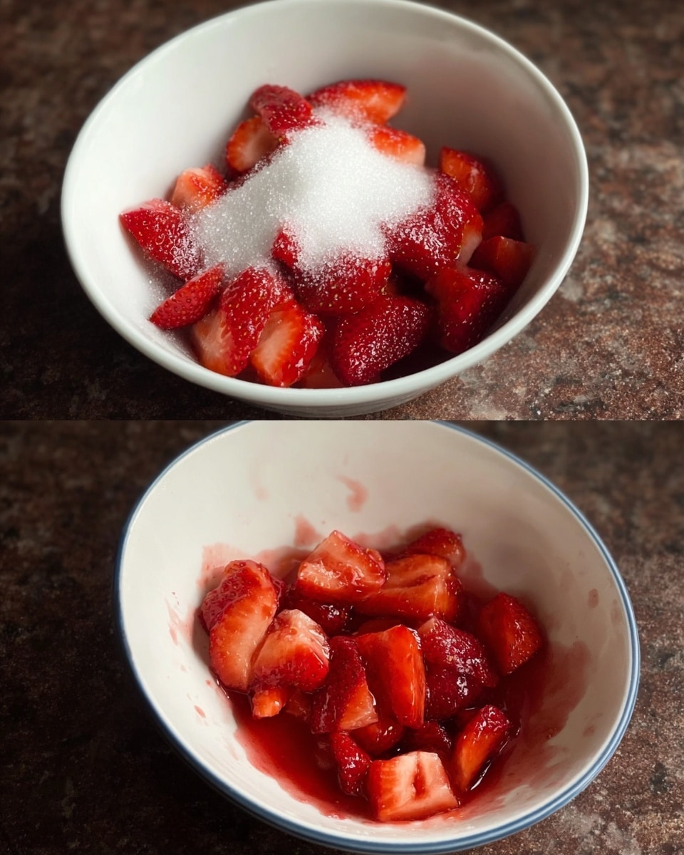 Two white bowls with a thin blue rim are shown on a dark brown textured surface. The first bowl holds fresh, red strawberry pieces topped with a small pile of white granulated sugar, creating a contrast between the bright red fruit and the sparkling sugar crystals. The second bowl contains the same strawberry pieces, now coated in a glossy syrup-like liquid from the dissolved sugar, making the strawberries look juicy and slightly shiny with some red juice pooling around them. photo taken with an iphone --ar 4:5 --v 7