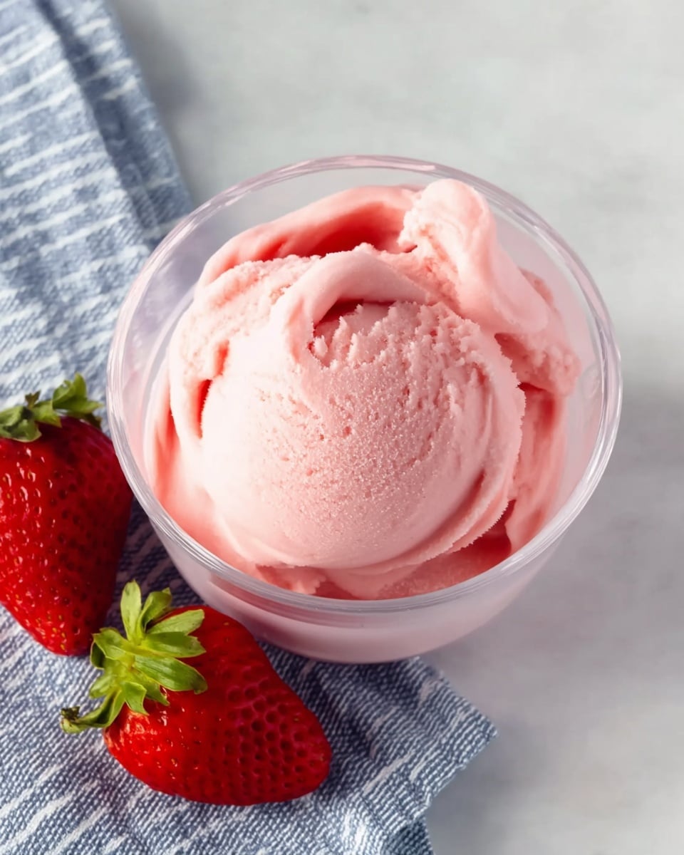A clear round bowl filled with smooth, creamy pink strawberry frozen dessert that has soft swirls and gentle peaks. The texture is thick and light with a few small air pockets. Two bright red strawberries with green leaves sit next to the bowl on a blue and white striped cloth, all placed on a white marbled surface. photo taken with an iphone --ar 4:5 --v 7