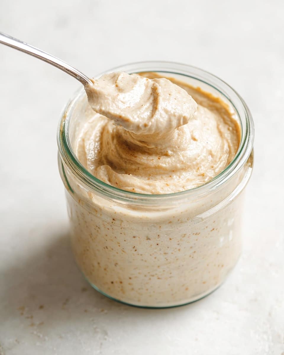 A clear glass jar filled with a thick, creamy mixture that is light beige with small specks throughout, showing a smooth and slightly textured surface. A silver spoon lifts a swirl of the mixture from the top, highlighting its dense and rich texture. The scene is set on a white marbled surface, adding a clean and bright background to the jar and spoon. photo taken with an iphone --ar 4:5 --v 7